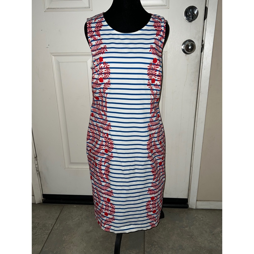 Boden Blue White Striped Red Casual Brunch Floral Sheath Dress Pockets US 8